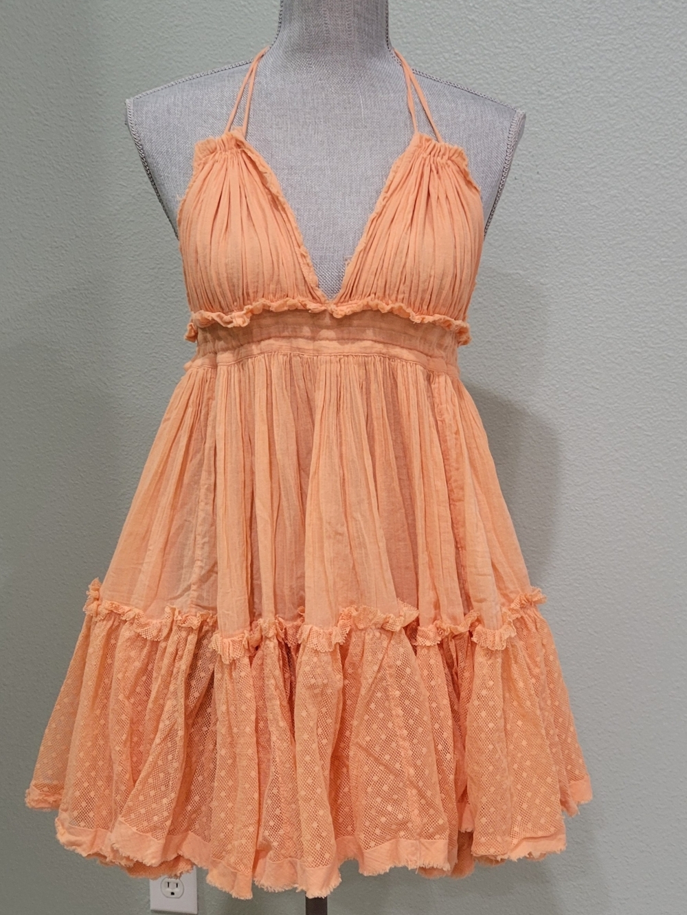 Free People Peach Tiered Cotton Gauze Mini Dress Self-Tie, Adj Waist - Picture 4 of 8